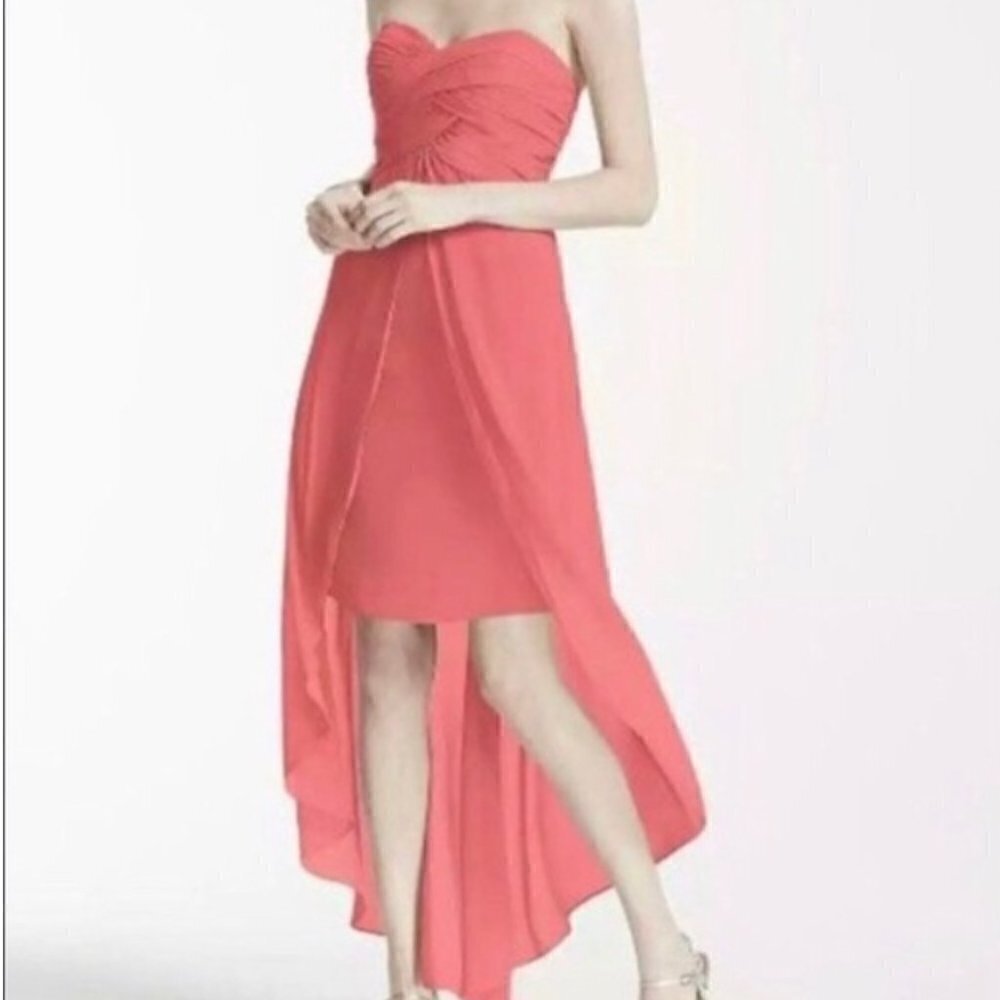 David's Bridal Womens Sz 8 Strapless High Low Dress with Front Detail Coral Reef